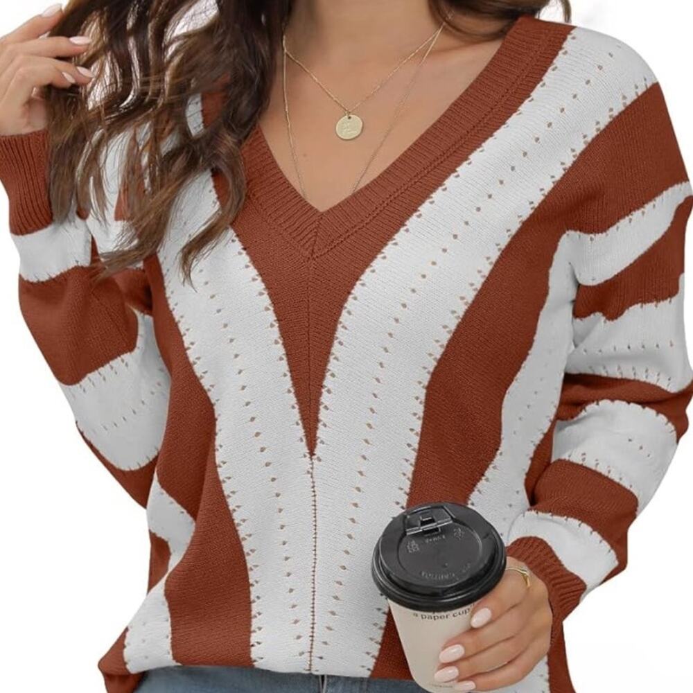 Brown White Deep V Neck Lightweight Fall Classy Neutral Capsule Wardrobe C33